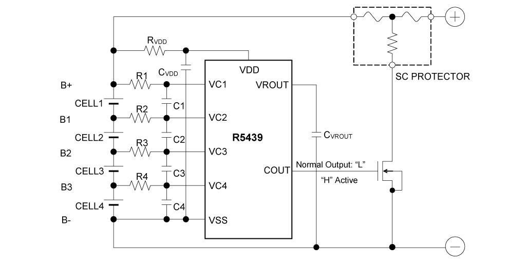 4 セル保護回路例 (CMOS 出力、アクティブ"H"、ノーマルモード時)