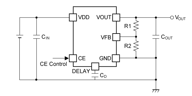 RP132K001E/F 基本回路例 出力電圧外部設定 DELAY 端子付