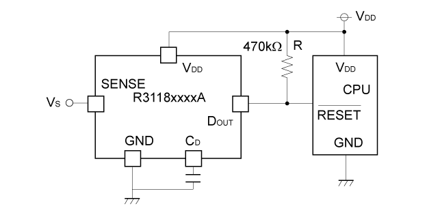 基本回路例 R3118xxxxA CPUリセット回路 (Nch オープンドレイン出力)