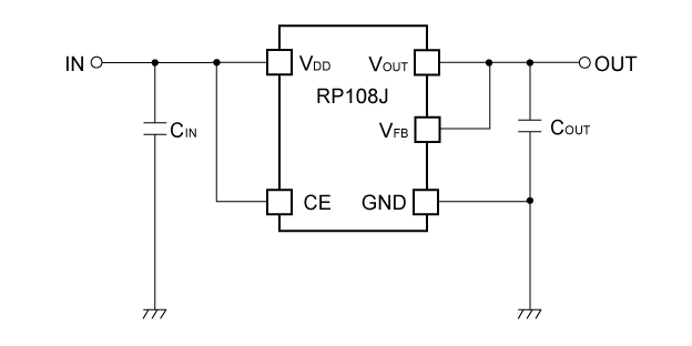 RP108Jxx1x 基本回路例 出力電圧IC内部固定例