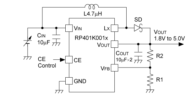 RP401K001C/D Typical Application (Externally adjustable output voltage type)