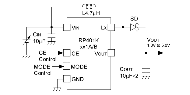 RP401Kxx1A/B 基本回路例 (出力電圧IC 内部設定)